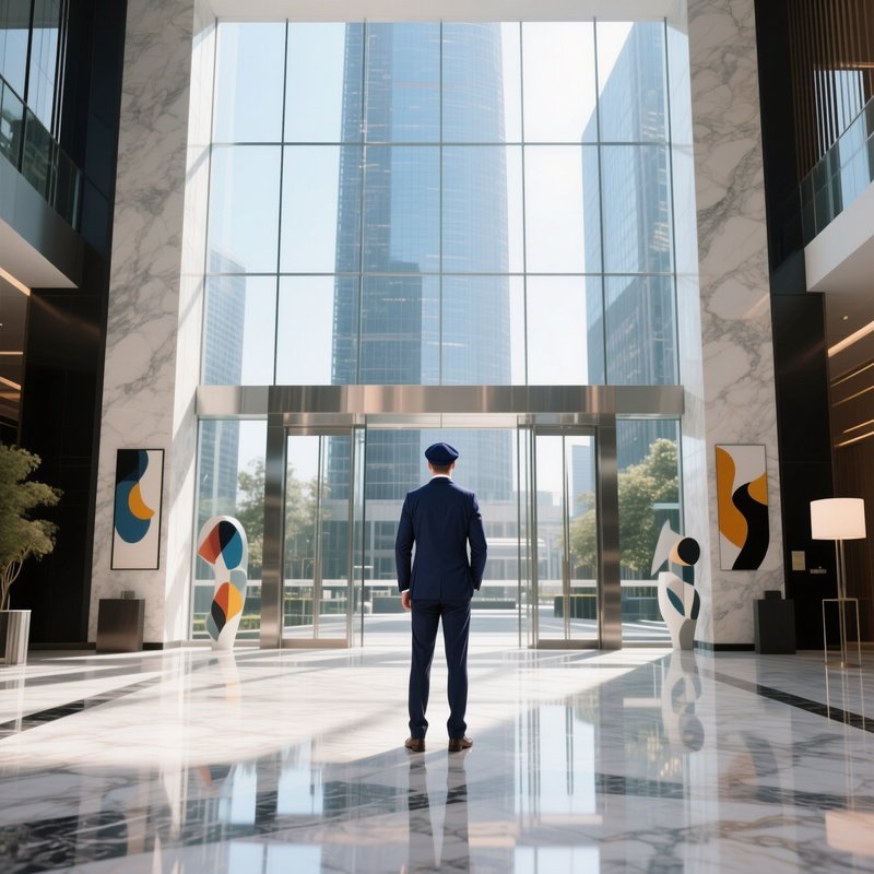 A Businessman In A Crisp Navy Cap Stands Before A Glass Skyscraper Lobby, Reflective Marble Floors