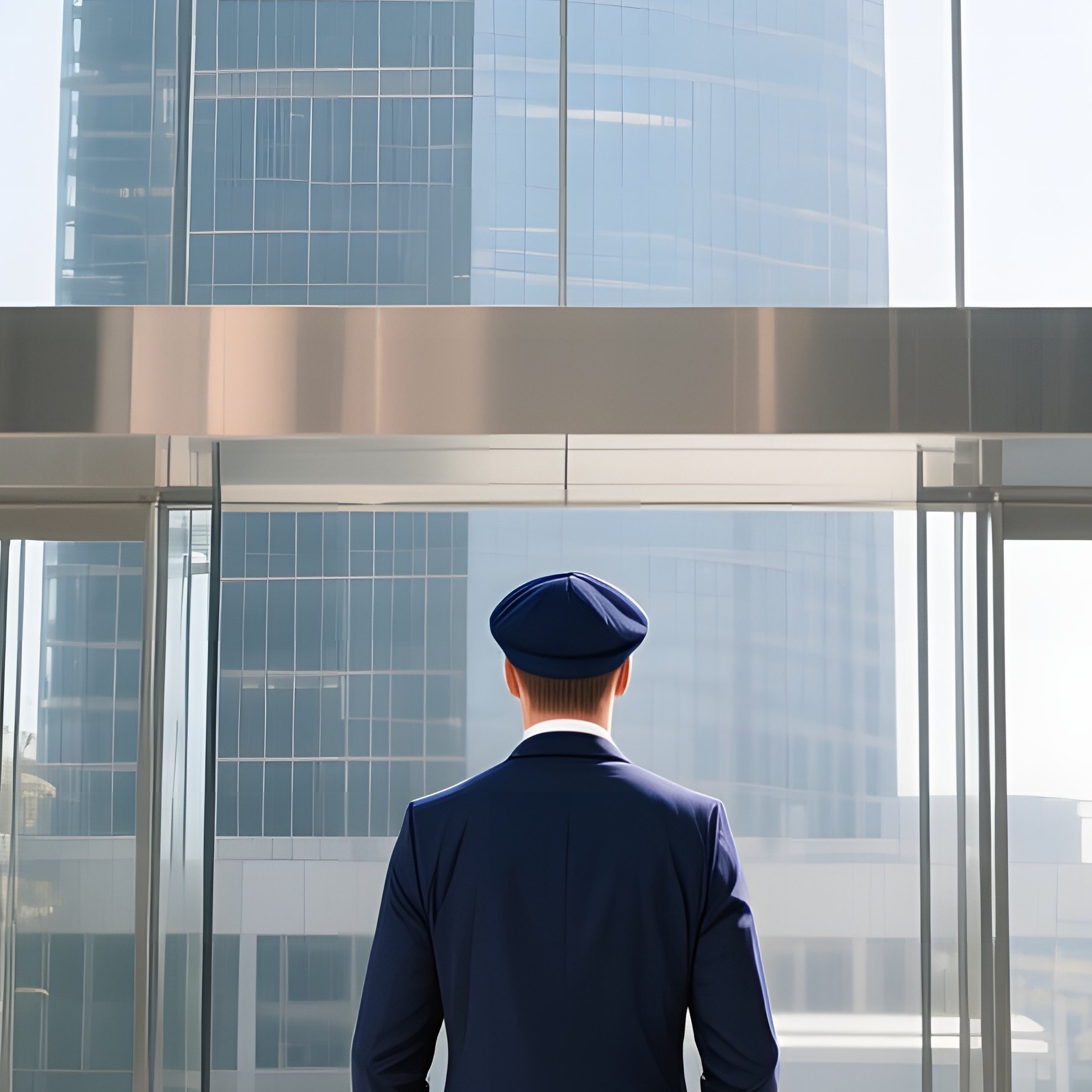 A Businessman In A Crisp Navy Cap Stands Before A Glass Skyscraper Lobby, Reflective Marble Floors - Full Resolution Quality Preview