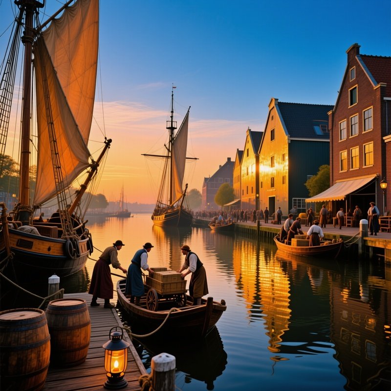 A Bustling 17Th Century Dutch Port At Sunrise