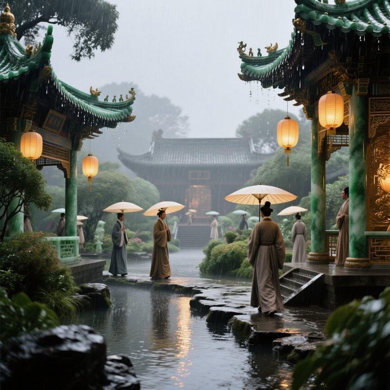 A Bustling 18Th Century Chinese Imperial Garden During A Rainstorm