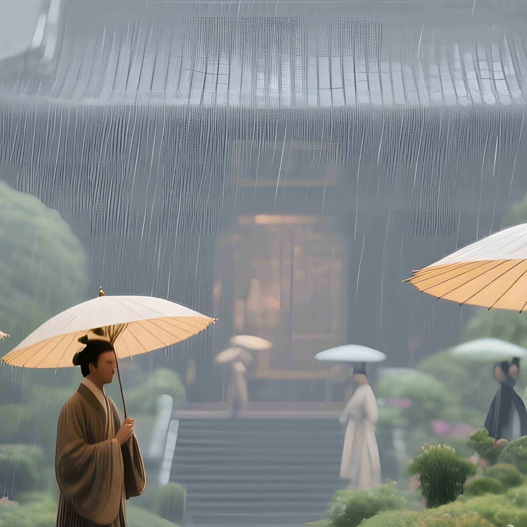 A Bustling 18Th Century Chinese Imperial Garden During A Rainstorm - Full Resolution Quality Preview