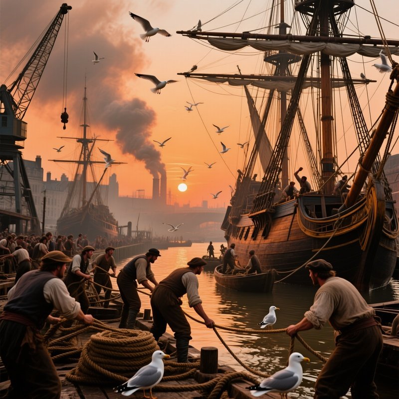 A Bustling 18Th Century London Dockyard At High Tide