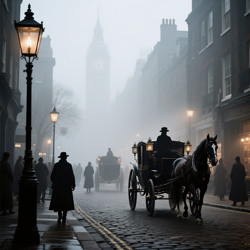 A Bustling 18Th‑Century London Street In Heavy Fog, Horse Drawn Carriages Clattering Over