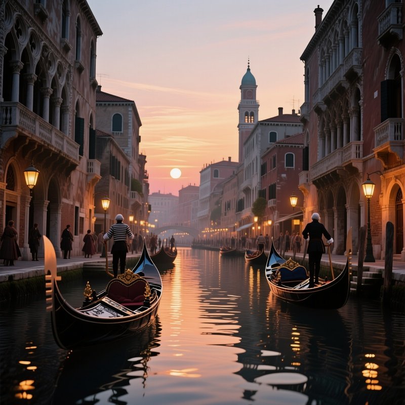 A Bustling 18Th‑Century Venetian Canal At Sunset, Gondolas Gliding Past Ornate Palazzos, Lanterns