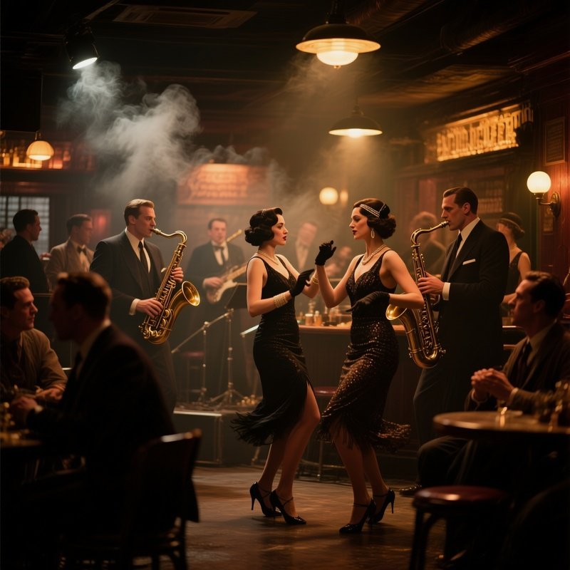 A Bustling 1920S Speakeasy In A Prohibition‑Era City, Jazz Band Playing Under Dim Amber Lighting,