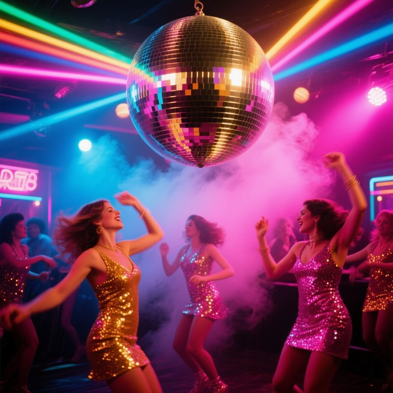 A Bustling 1970S Disco Club In Los Angeles Mirrored Ball Spinning Colorful Strobes Bathing Dancers