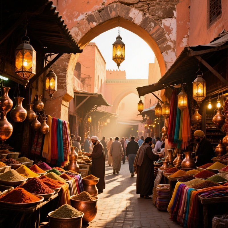 A Bustling 19Th Century Bazaar In Marrakech At Golden Hour