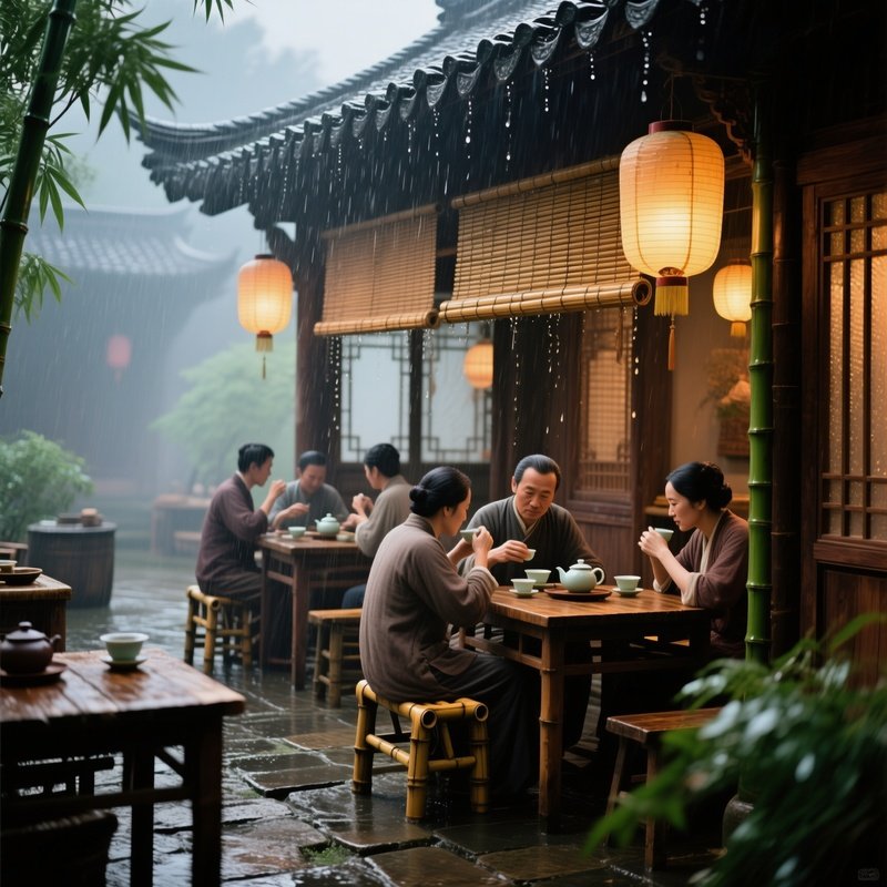 A Bustling 19Th Century Chinese Tea House During A Rainy Afternoon