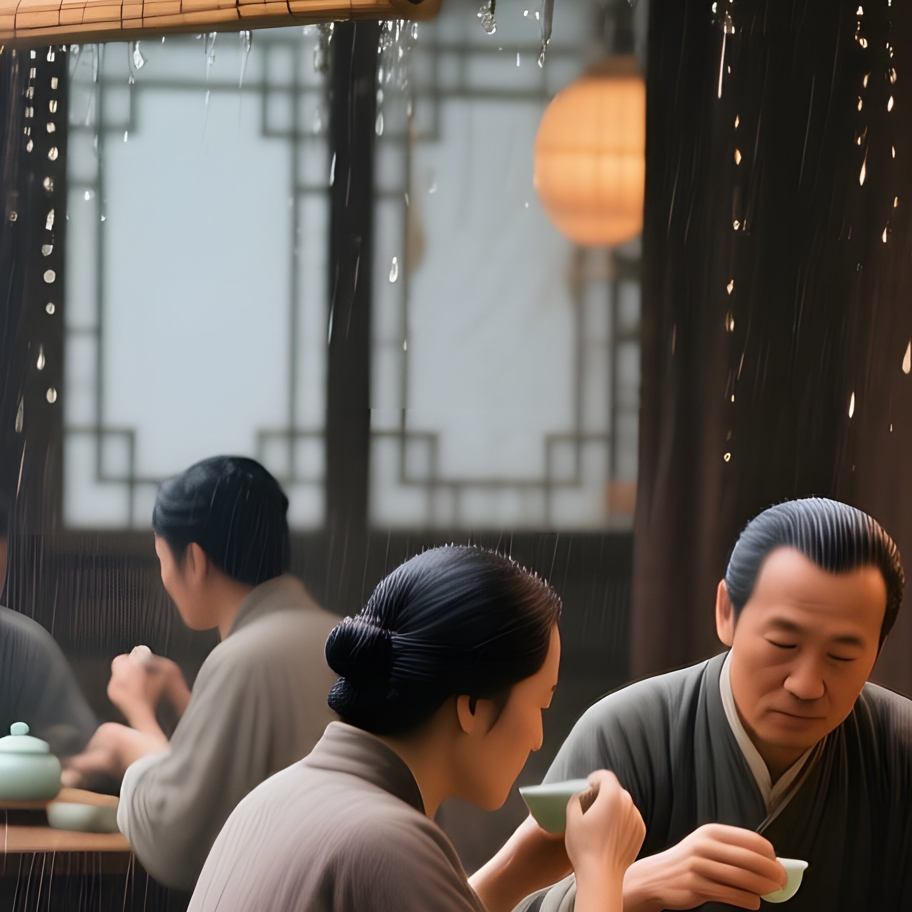 A Bustling 19Th Century Chinese Tea House During A Rainy Afternoon - Full Resolution Quality Preview