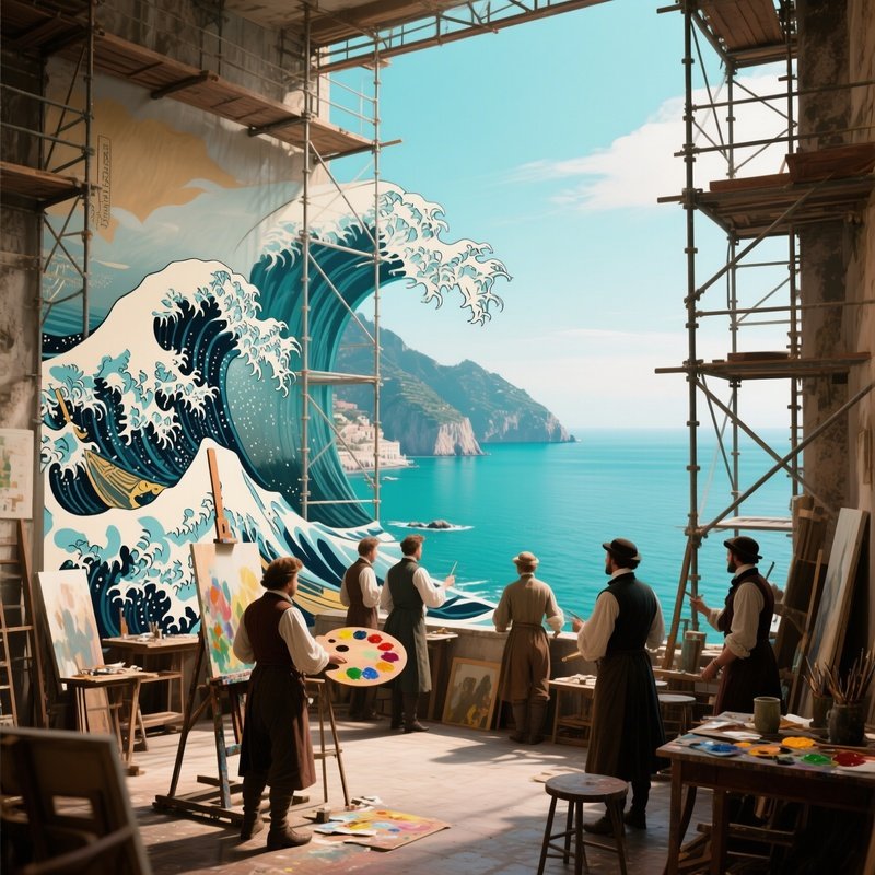 A Bustling 19Th‑Century Italian Studio Overlooking The Amalfi Coast, With Large Scaffolding