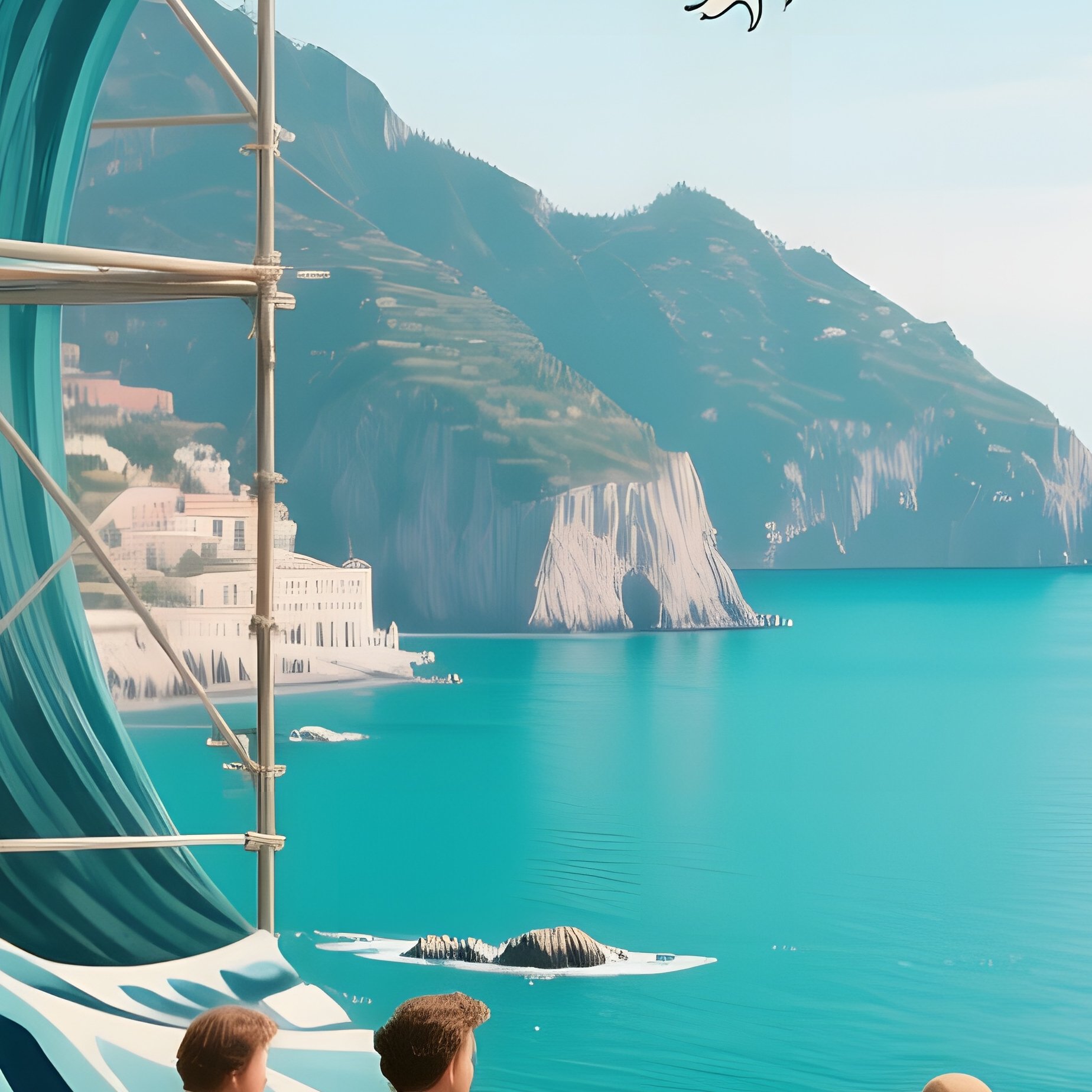 A Bustling 19Th‑Century Italian Studio Overlooking The Amalfi Coast, With Large Scaffolding - Full Resolution Quality Preview