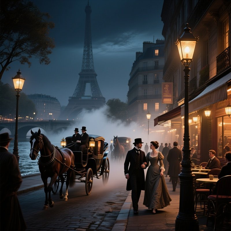 A Bustling 19Th‑Century Parisian Street Scene At Night, Gas Lamps Flickering, Horse Drawn Carriages