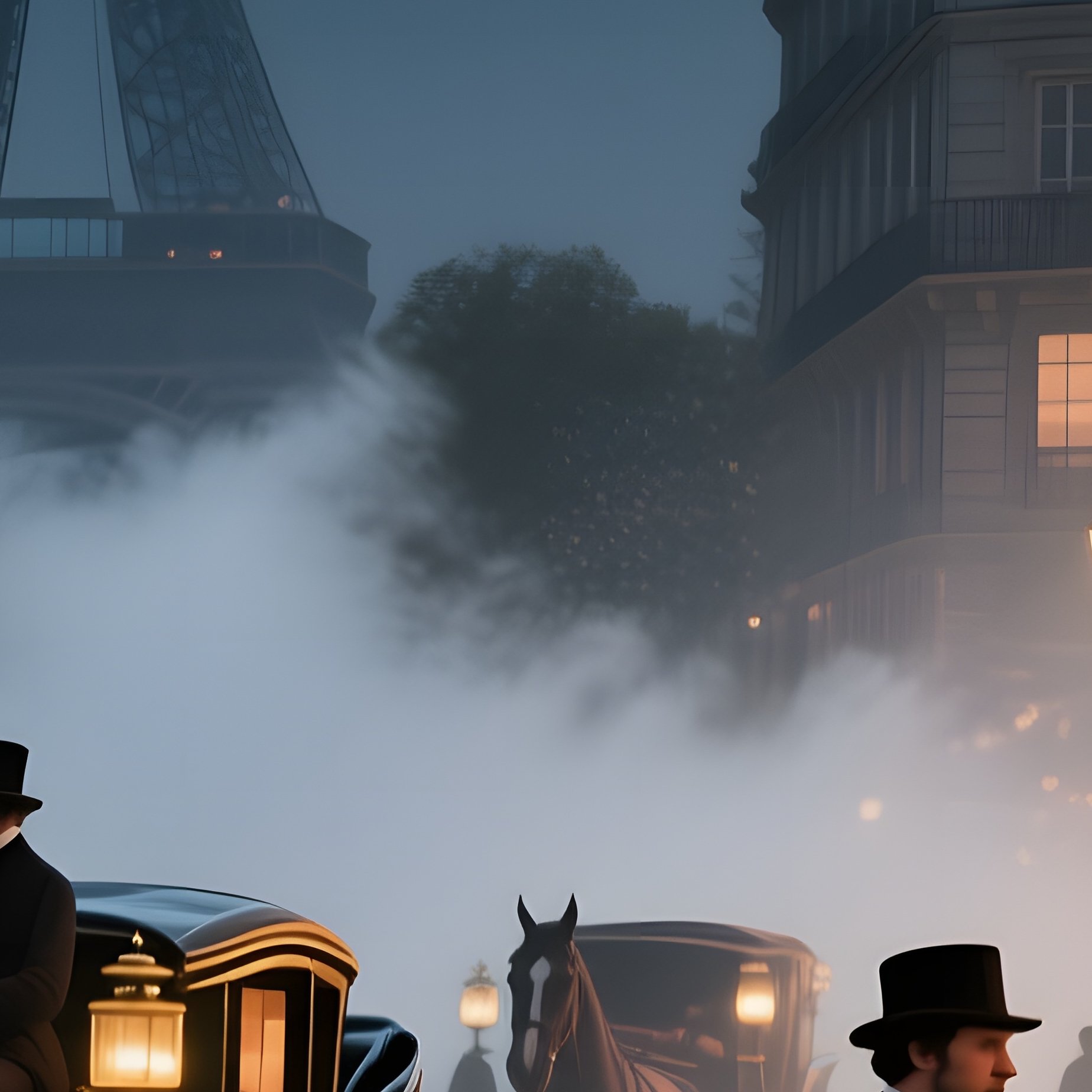 A Bustling 19Th‑Century Parisian Street Scene At Night, Gas Lamps Flickering, Horse Drawn Carriages - Full Resolution Quality Preview