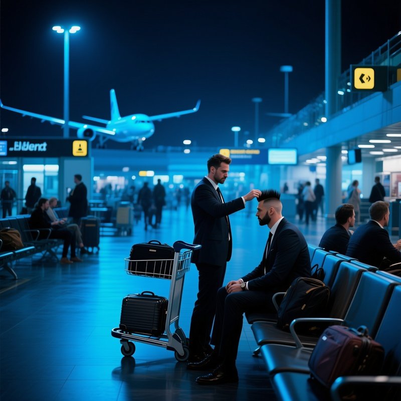 A Bustling Airport Lounge At Night, Ambient Blue Lighting; A Jet‑Setter Gets A Quick Buzz Cut While