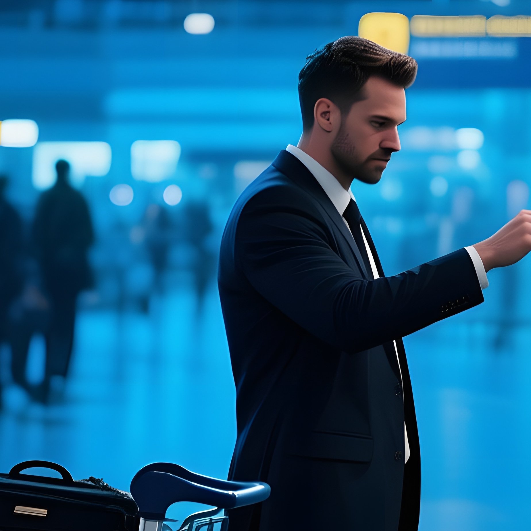 A Bustling Airport Lounge At Night, Ambient Blue Lighting; A Jet‑Setter Gets A Quick Buzz Cut While - Full Resolution Quality Preview
