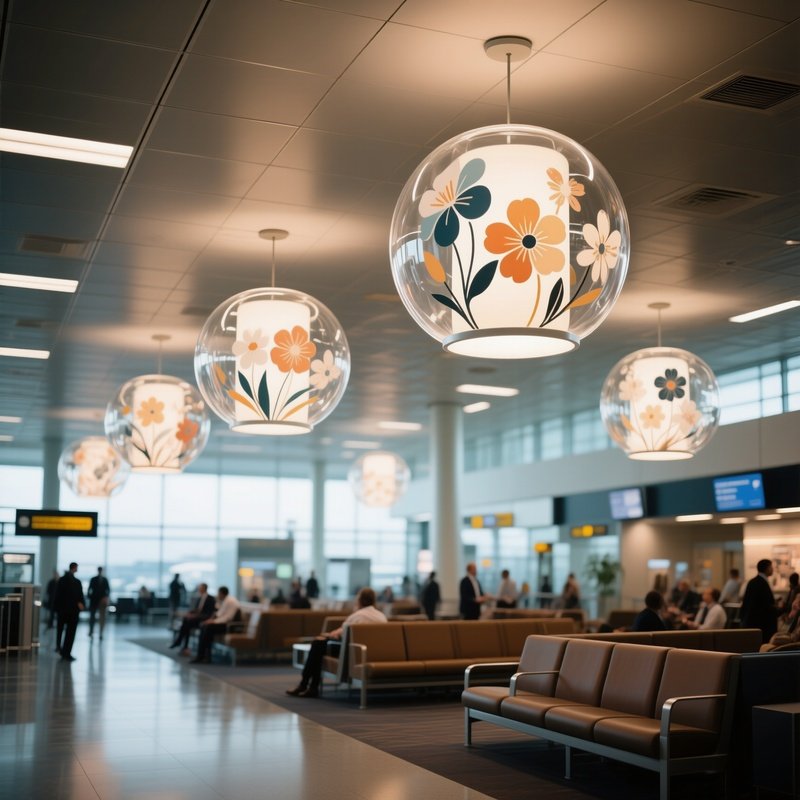 A Bustling Airport Lounge, Overhead Lighting Fixtures Encased In Clear Glass Shells Painted With