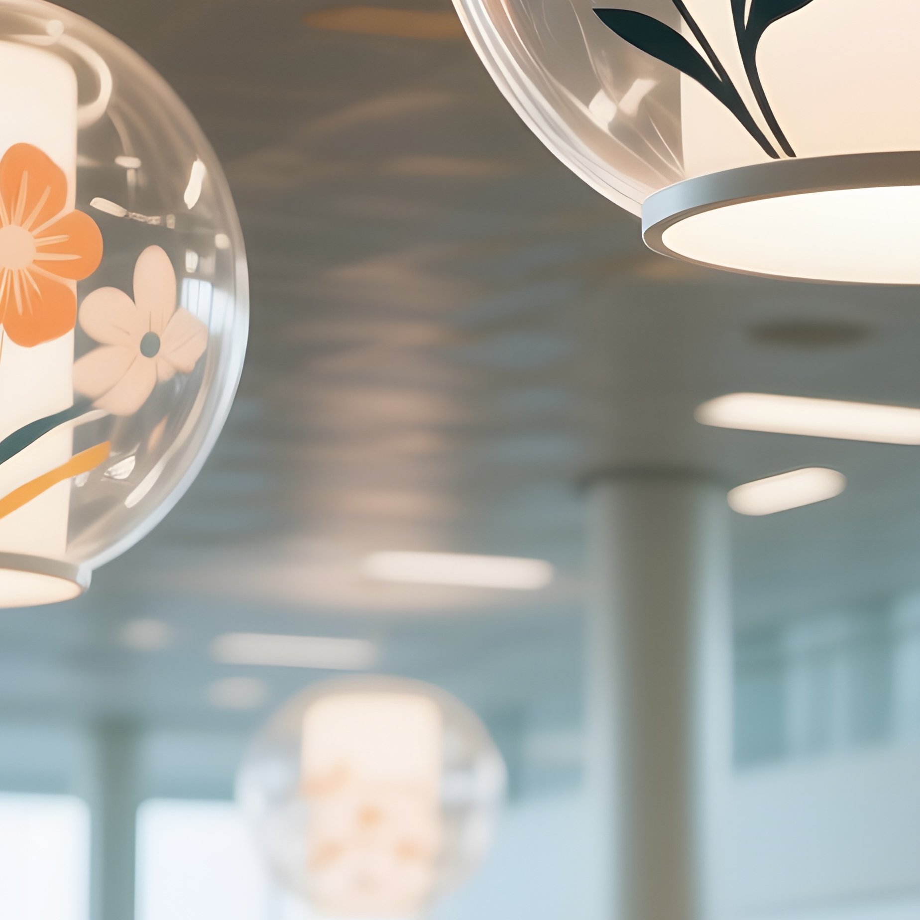A Bustling Airport Lounge, Overhead Lighting Fixtures Encased In Clear Glass Shells Painted With - Full Resolution Quality Preview
