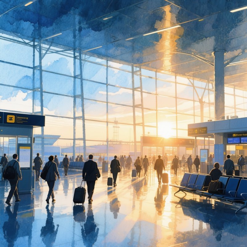 A Bustling Airport Terminal At Sunrise, Travelers Moving, Sunlight Streaming Through Glass Walls,