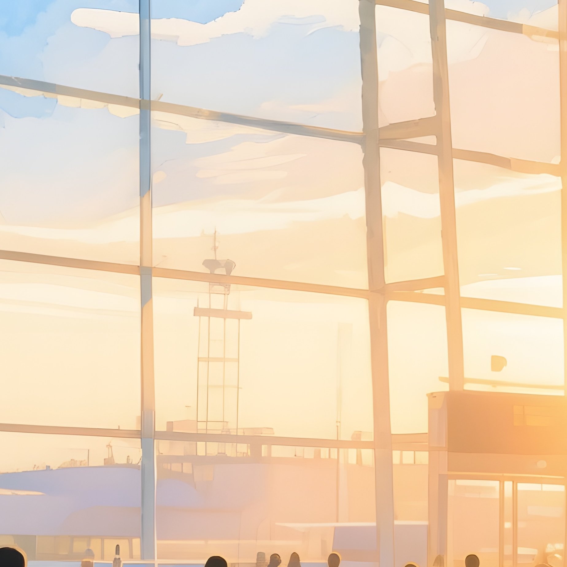 A Bustling Airport Terminal At Sunrise, Travelers Moving, Sunlight Streaming Through Glass Walls, - Full Resolution Quality Preview