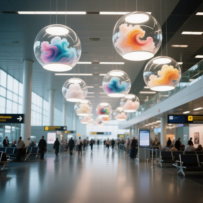A Bustling Airport Terminal Transformed Into An Art Corridor, With Suspended Glass Bubbles