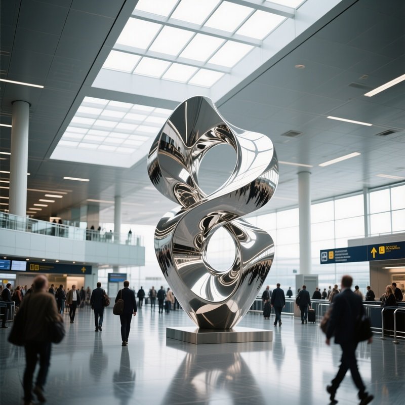 A Bustling Airport Terminal With A Sleek Stainless‑Steel Abstract Sculpture That Reflects Travelers