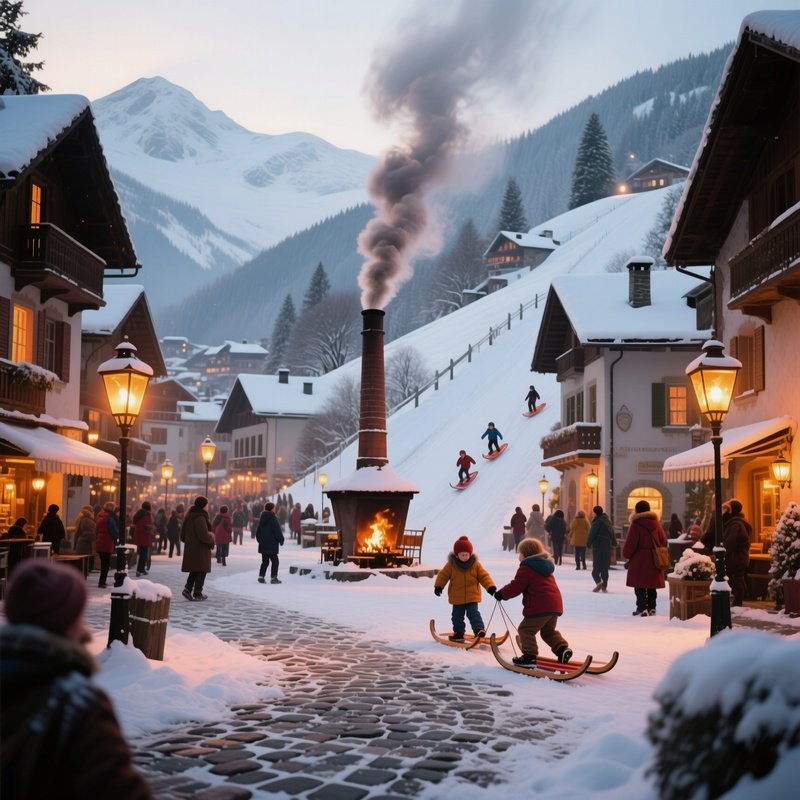 A Bustling Alpine Village Square Covered In Fresh Powder, Warm Lanterns Casting Amber Glows On