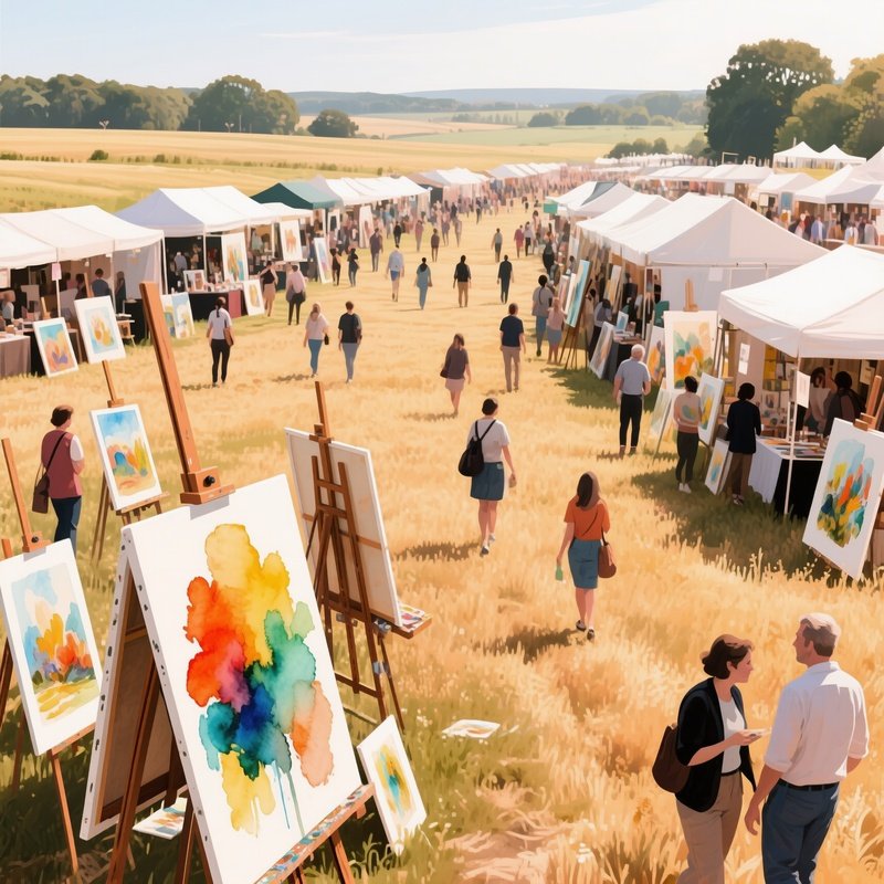 A Bustling Art Fair In An Open Field, Easels Displaying Paintings, Visitors Strolling, Watercolor