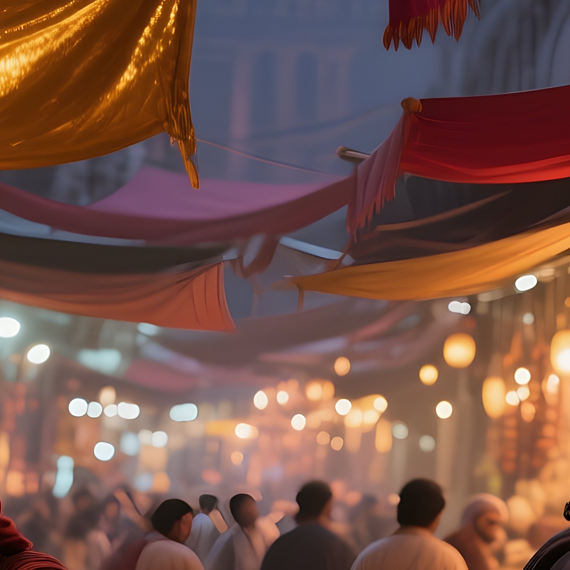 A Bustling Bazaar At Twilight, Awnings Of Deep Crimson And Gold, Exotic Spices Swirling In The Air, - Full Resolution Quality Preview
