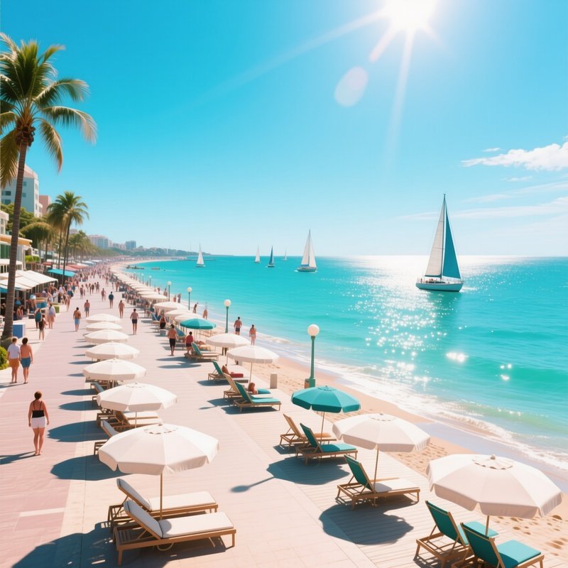 A Bustling Beach Boardwalk At Noon In Midsummer, Umbrellas And Lounge Chairs, Turquoise Sea