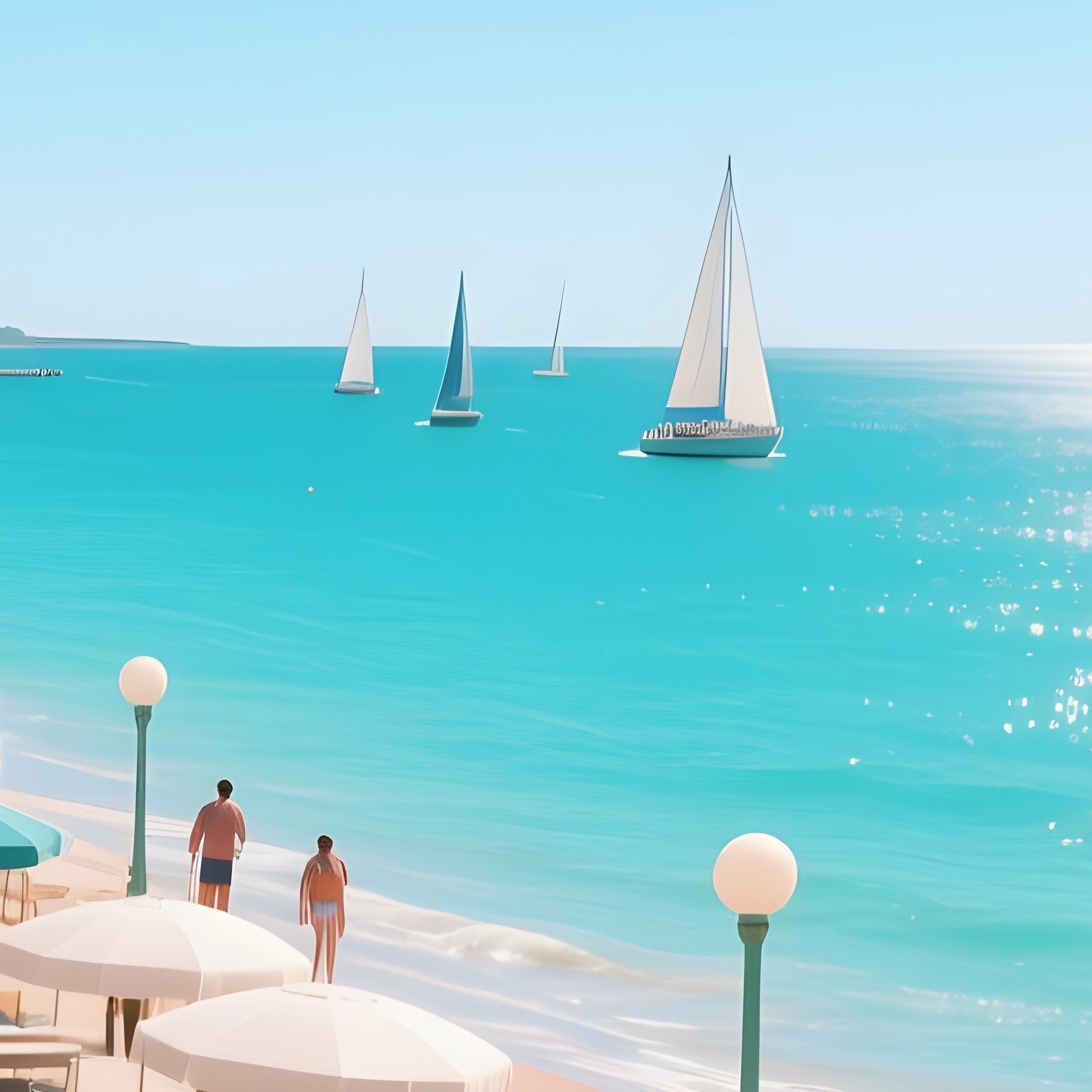 A Bustling Beach Boardwalk At Noon In Midsummer, Umbrellas And Lounge Chairs, Turquoise Sea - Full Resolution Quality Preview