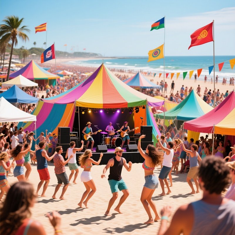 A Bustling Beach During A Festival, With Colorful Tents And Flags, People Dancing To Live Music,