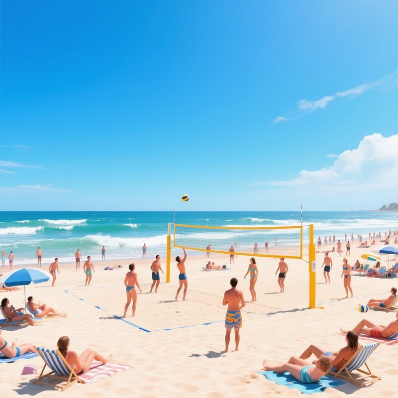 A Bustling Beach During A Sunny Afternoon, With People Swimming, Sunbathing, And Playing