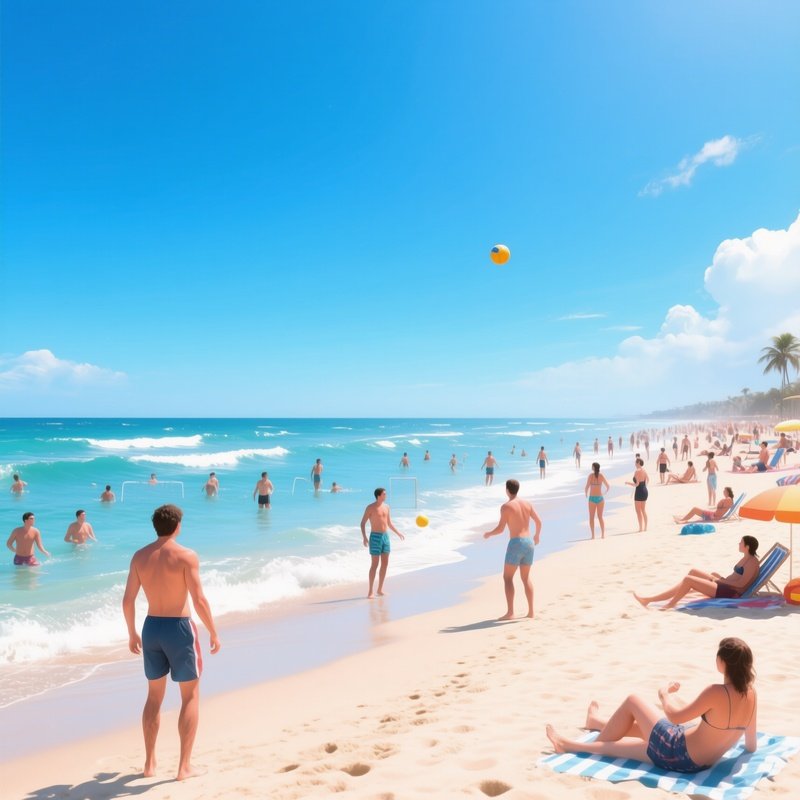 A Bustling Beach During A Sunny Day, With People Swimming, Sunbathing, And Playing Beach Games, Set