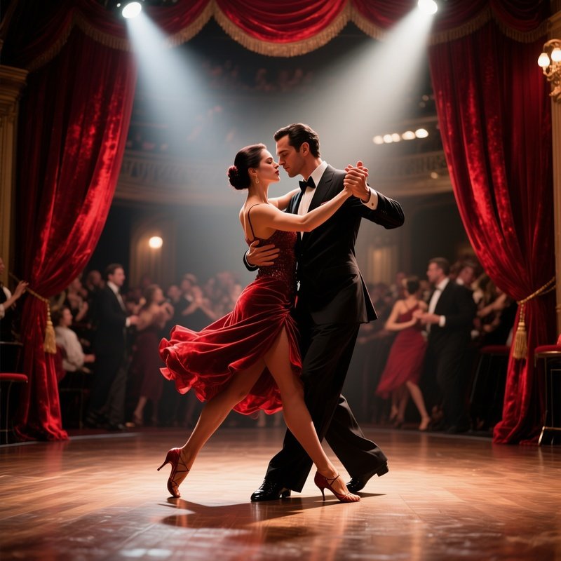 A Bustling Buenos Aires Tango Hall, Dancers Locked In Passionate Embrace, Red Velvet Curtains,