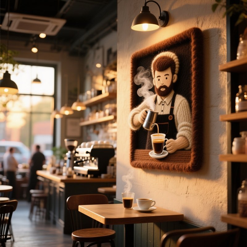 A Bustling Café Interior During Golden Hour, Where A Wall‑Mounted Wool Portrait Of A Barista