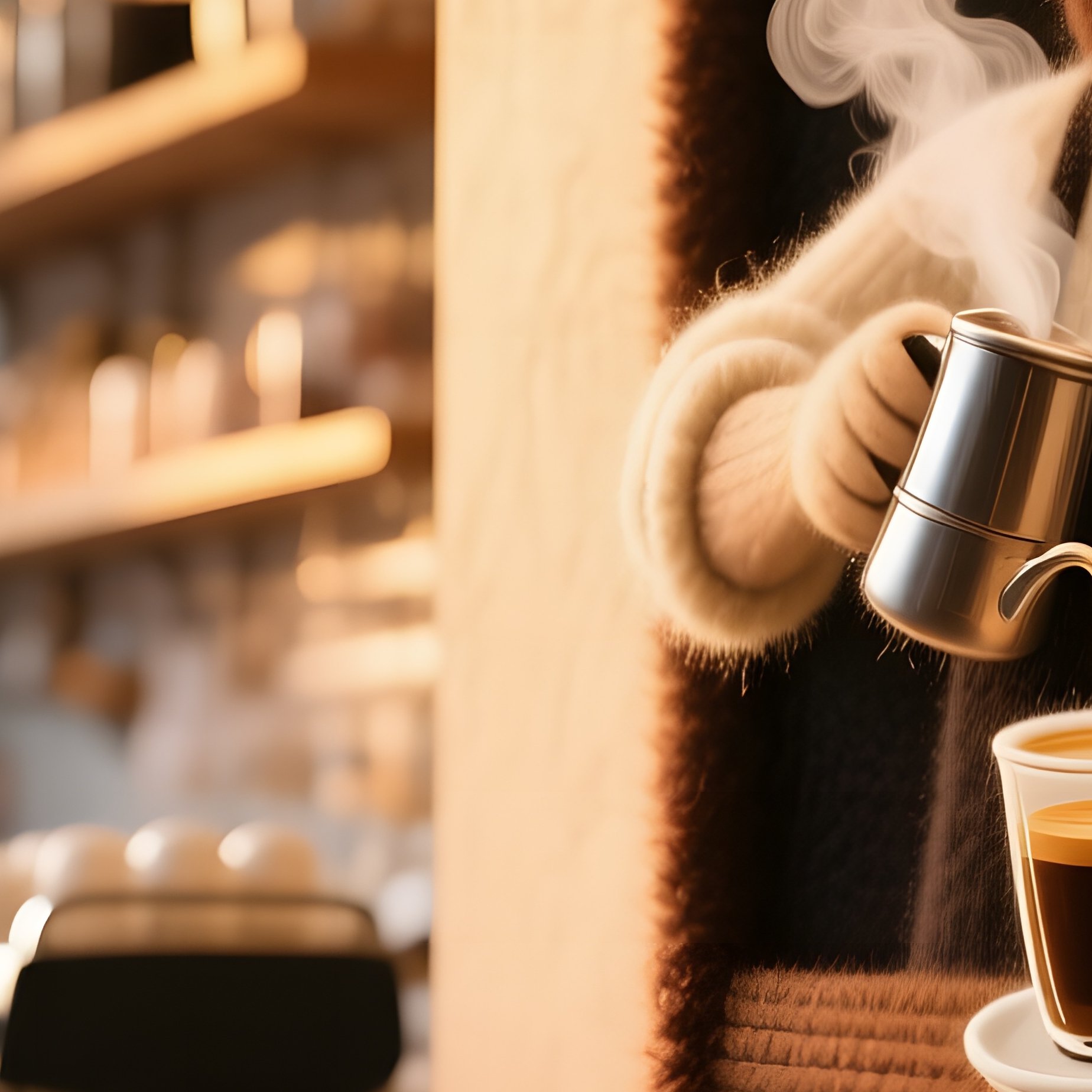 A Bustling Café Interior During Golden Hour, Where A Wall‑Mounted Wool Portrait Of A Barista - Full Resolution Quality Preview