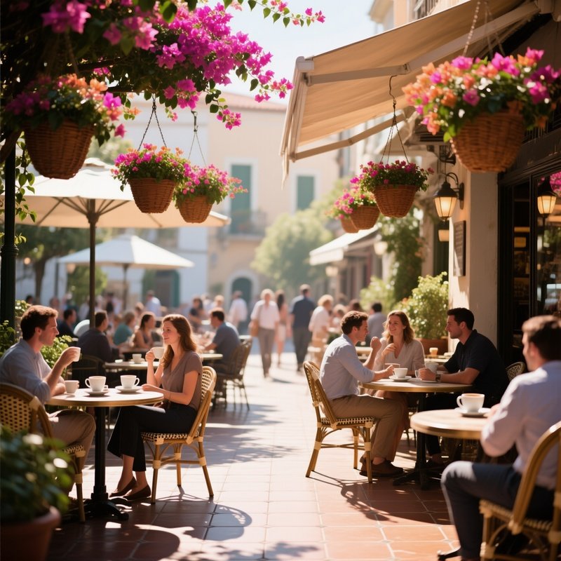 A Bustling Café Patio Adorned With Hanging Baskets Of Bougainvillea, Patrons Sipping Coffee Under