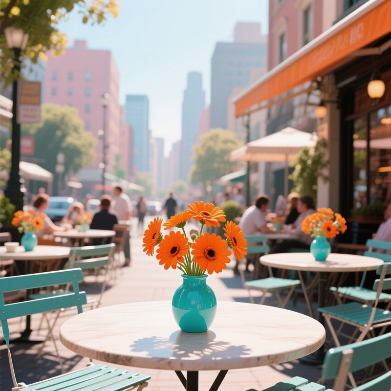 A Bustling Café Patio Bathed In Midday Sun, Tables Adorned With Vases Of Pop‑Art Daisies In Bold