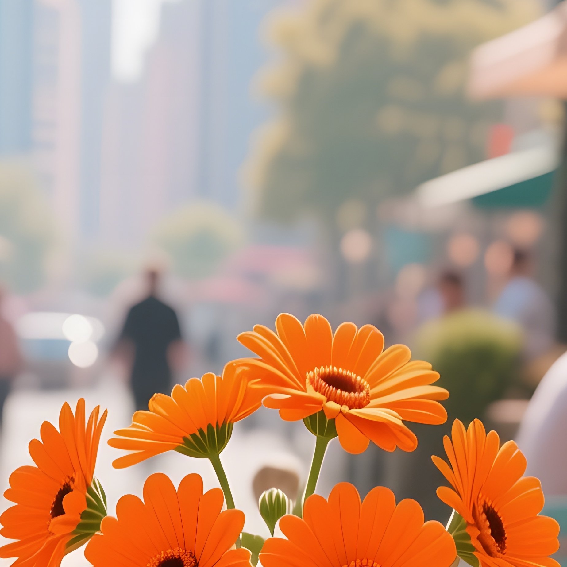 A Bustling Café Patio Bathed In Midday Sun, Tables Adorned With Vases Of Pop‑Art Daisies In Bold - Full Resolution Quality Preview
