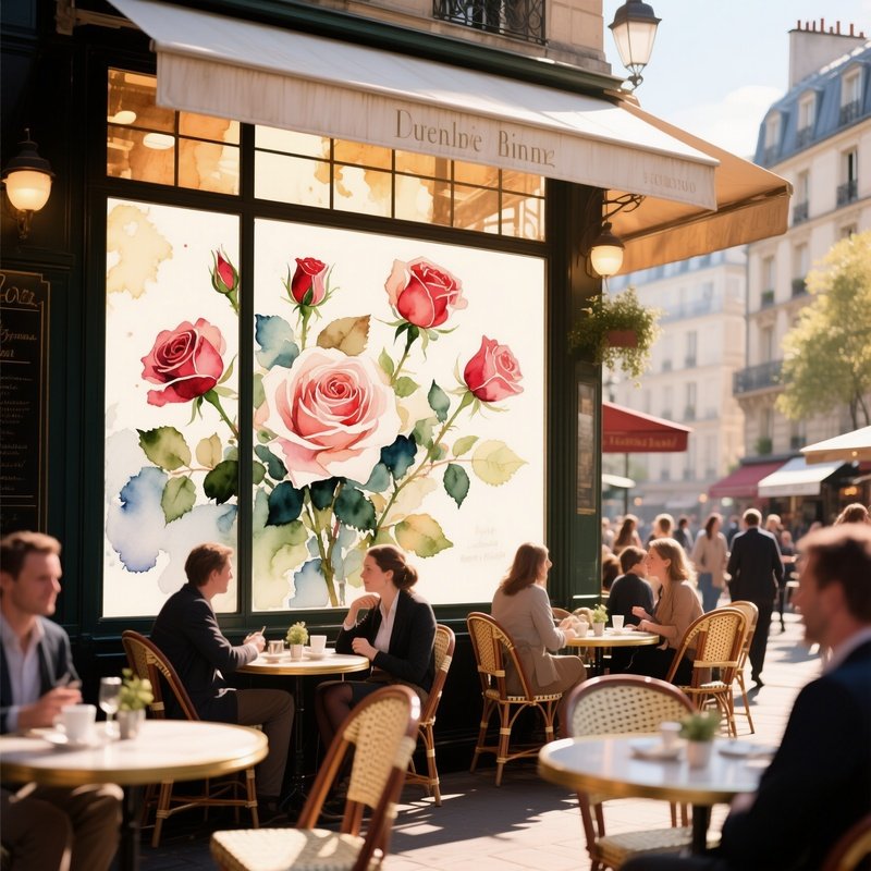 A Bustling Café Terrace In Paris, A Large Window Pane Depicting Roses In Watercolor Style, Letting