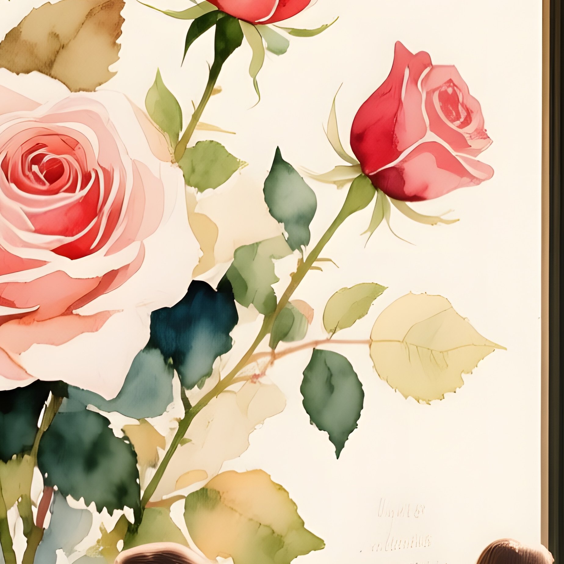 A Bustling Café Terrace In Paris, A Large Window Pane Depicting Roses In Watercolor Style, Letting - Full Resolution Quality Preview