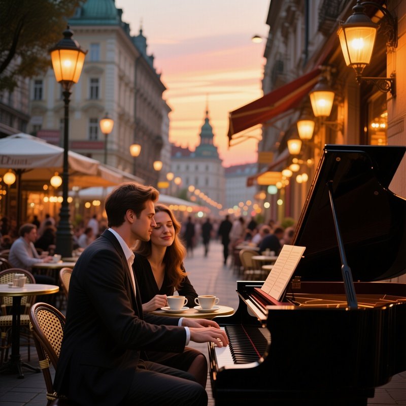 A Bustling Café Terrace In Vienna At Sunset, A Pianist Plays Romantic Chords While A Couple Leans