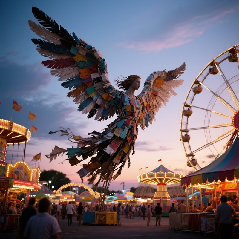 A Bustling Carnival Midway Under A Twilight Sky, Rides Adorned With Giant Feathered Angels Made Of