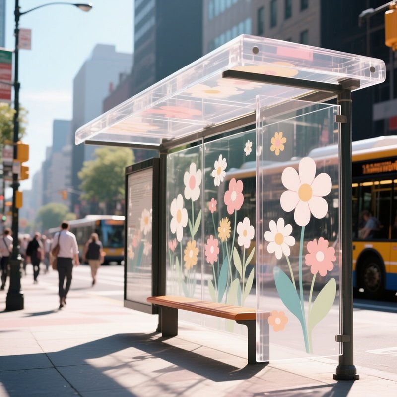 A Bustling City Bus Stop, A Canopy Made Of Clear Acrylic Panels Printed With Stylized Street