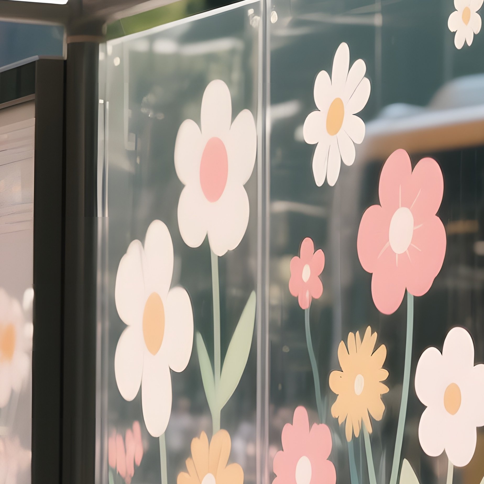 A Bustling City Bus Stop, A Canopy Made Of Clear Acrylic Panels Printed With Stylized Street - Full Resolution Quality Preview