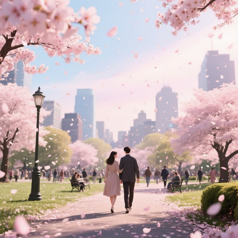 A Bustling City Park During Cherry Blossom Season, Petals Raining Down On Walking Couples, Soft