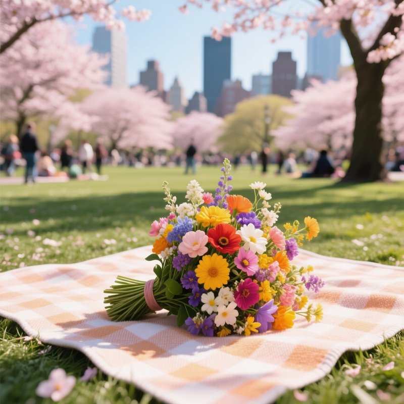 A Bustling City Park During Cherry Blossom Season, Where A Picnic Blanket Is Adorned With A Vibrant