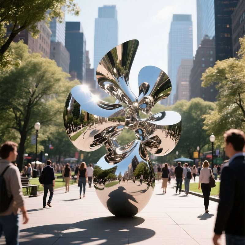 A Bustling City Park Featuring An Interactive Kinetic Sculpture Made Of Mirrored Steel That