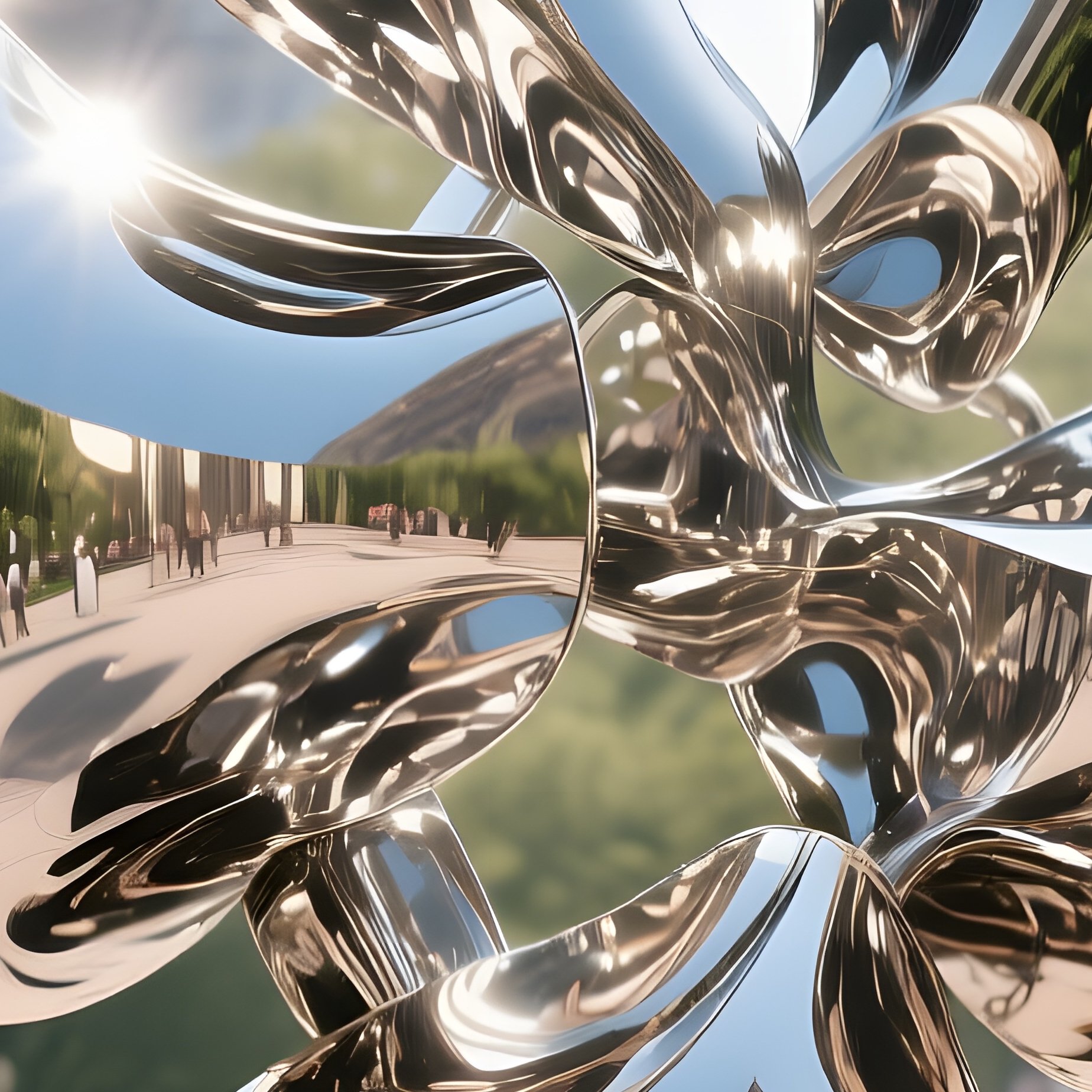 A Bustling City Park Featuring An Interactive Kinetic Sculpture Made Of Mirrored Steel That - Full Resolution Quality Preview