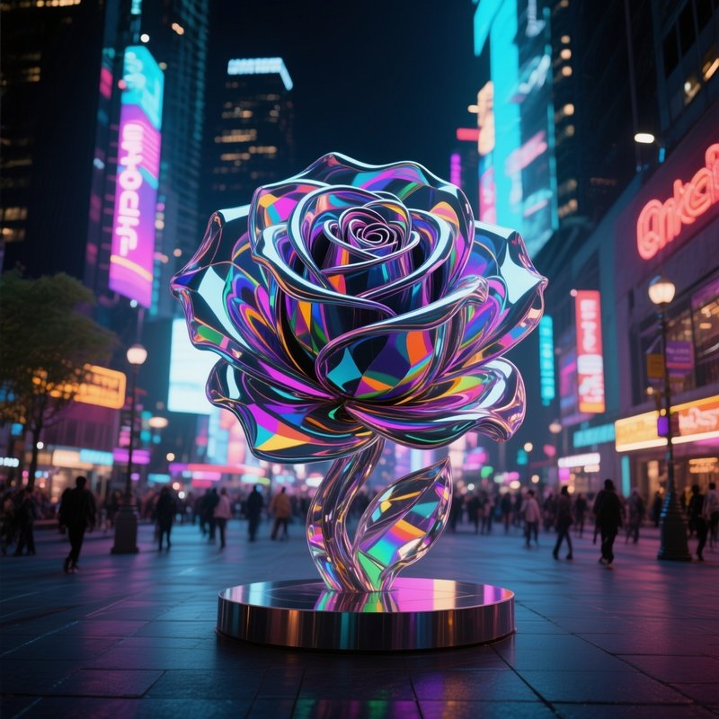 A Bustling City Plaza At Night, A Central Sculpture Of Overlapping Glass Roses That Spin Slowly,